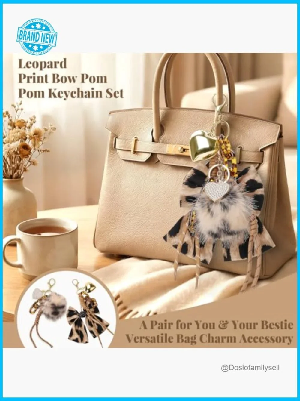 Leopard Print Keychain Set Gold Heart Pom Pom Tassels Bag Charms Accessories